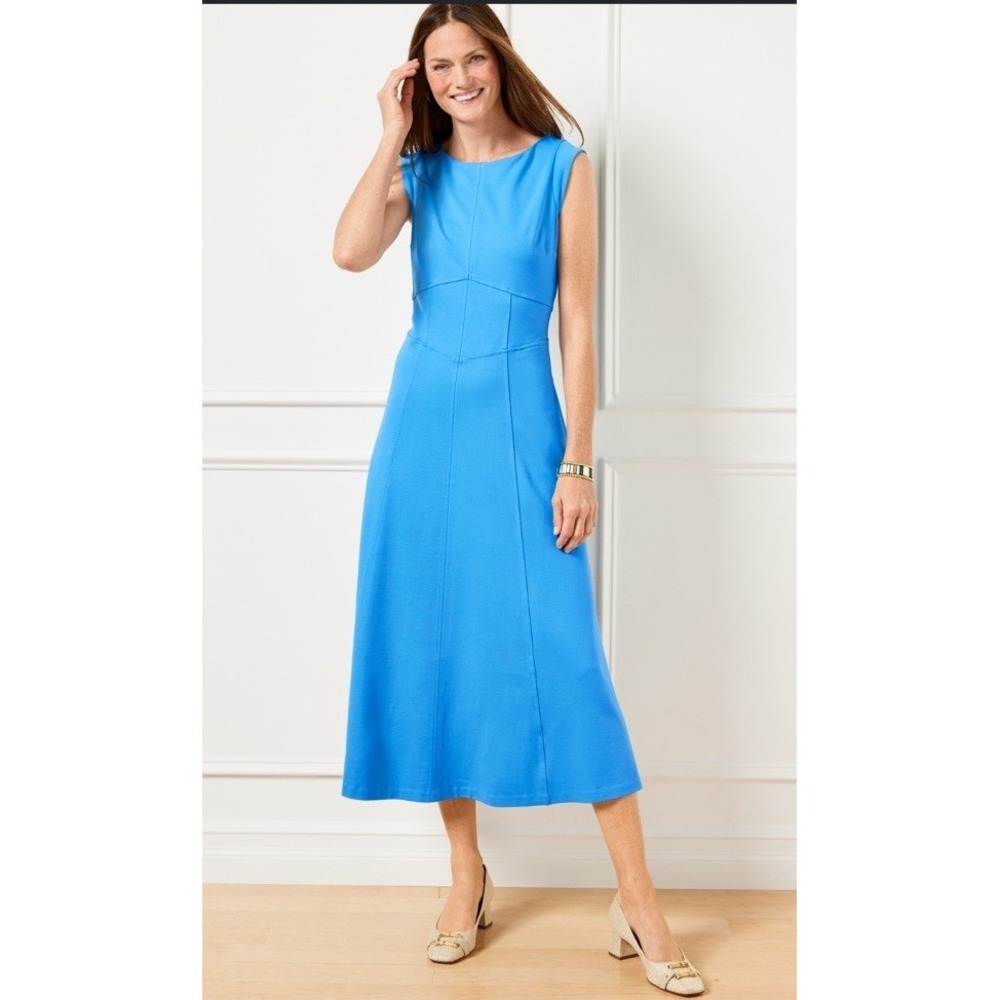 NEW Talbots Ponte Midi Dress Sleeveless Blue Size 14WP Pockets Stretch